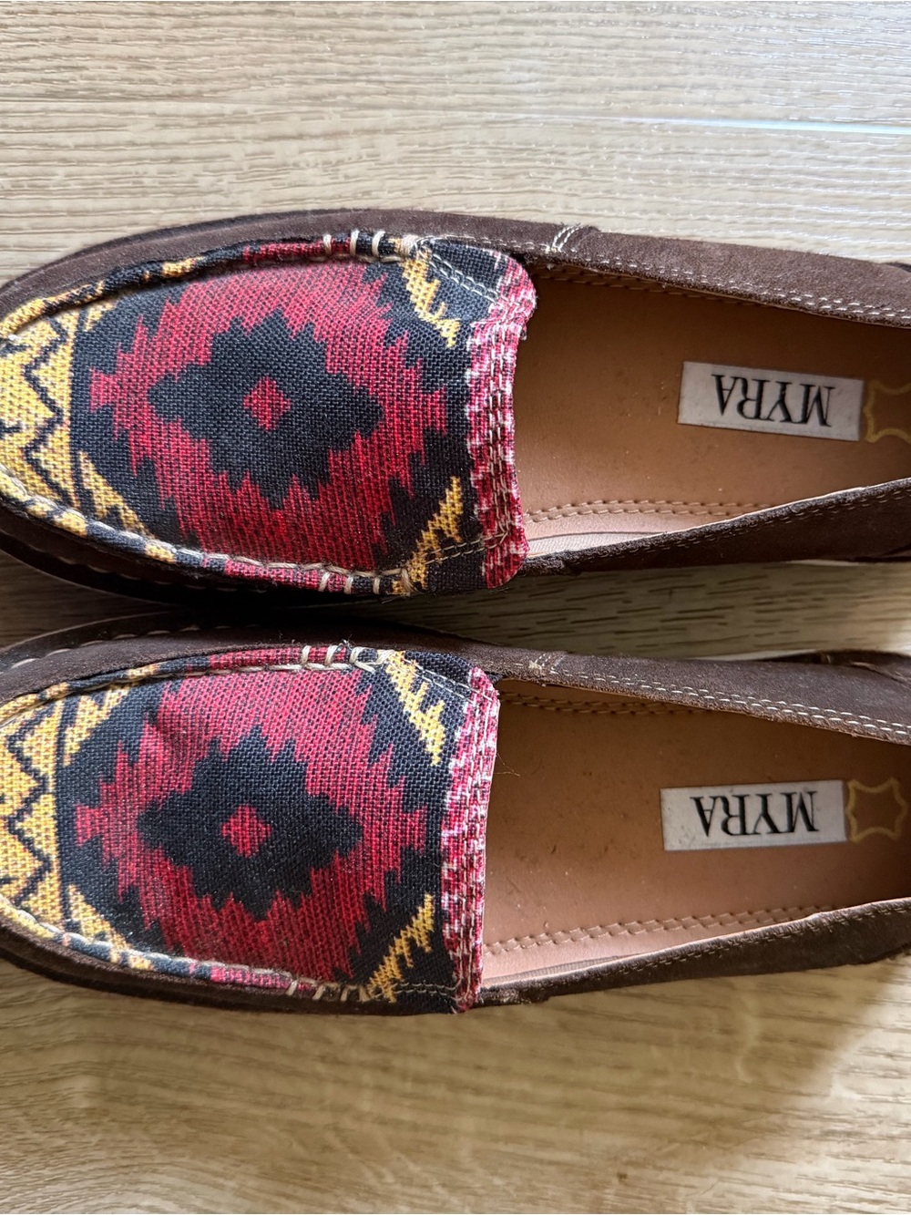 Myra Auburn Leather Flats with Red & Yellow Patterned textile - Picture 2 of 4